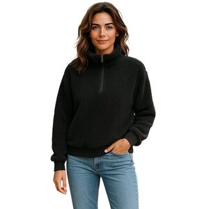 Kori America Women’s Medium Black Teddy Bear Fleece 1/4 Zip Mock Neck